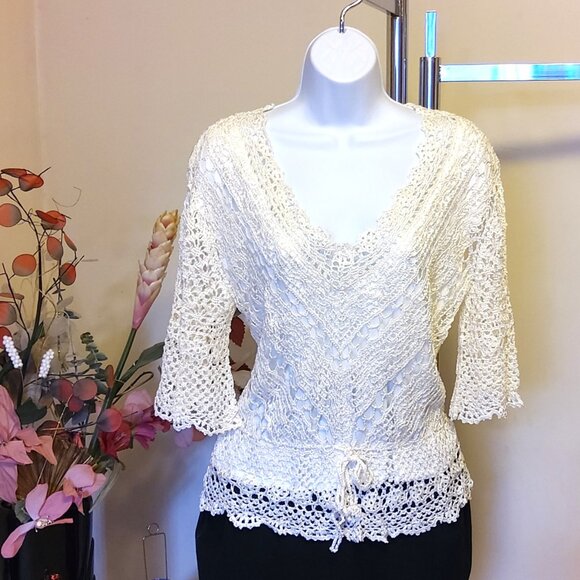 NWOT Kroshetta Women's Beautiful 3/4 Sleeve V Neck White Crochet Blouse Top - Picture 1 of 7